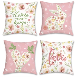 Easter Rabbit Cushion Cover Pink Floral Pillowcase For Sofa Living Room Decor Digital Printed Short Plush Home Decor