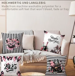Detail of four 2025 New Year pillow covers with fashion prints on a beige sofa