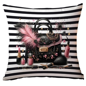 Modern grey and pink fashion pillow cover featuring a chic handbag and makeup illustration