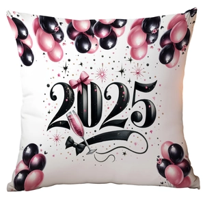 Modern 2025 New Year decorative pillow cover in white with pink balloon and champagne motif