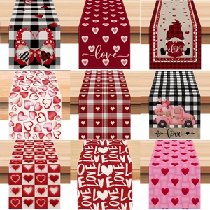 Valentine's Day Table Runner Linen Heart Pattern Gnome Buffalo Plaid Romantic Holiday Kitchen Dining Table Decor Tablecloth