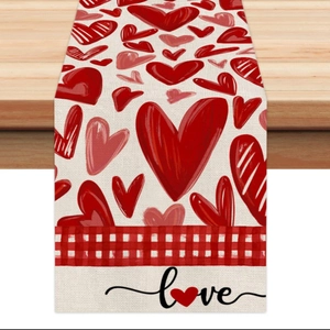 Red heart and plaid table runner with Love lettering for Valentine home decoration