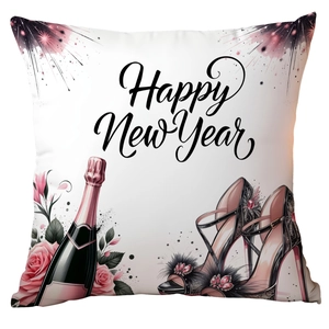 Square Happy New Year cushion cover with floral and champagne graphic design