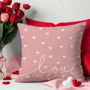 Pink Valentines Day pillow cover with white heart and love print on soft linen fabric