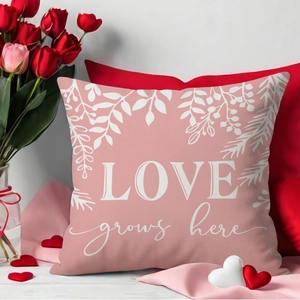 Pink linen pillow cover with LOVE grows here print for Valentine's Day sofa decor