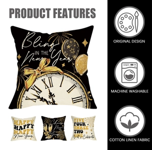 Detail of Happy New Year pillow cover showing cotton linen fabric and festive clock design