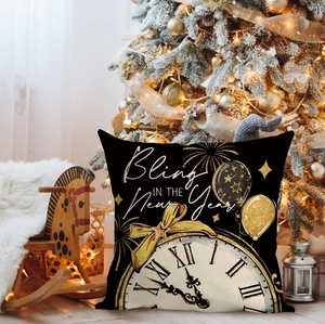 Detail of linen New Year pillow cover with gold clock and champagne glitter design