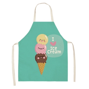 Mint green cotton linen apron with cute ice cream print and beige hanging neck ties