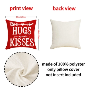 Detail showing red Hugs and Kisses design on linen-textured pillowcase and material weave