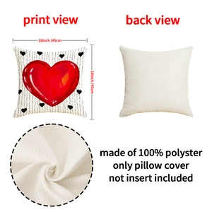 Detail showing 18x18 inch polyester pillowcase with red heart print and fabric texture