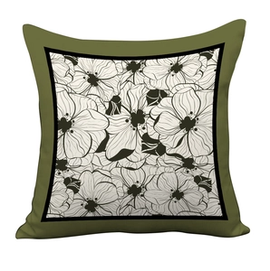 Detail of Nordic retro pillowcase showing olive green border and floral pattern