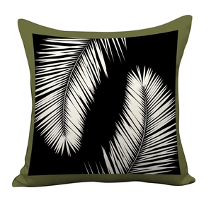 Nordic luxury square pillow cover with green border and white palm leaf design