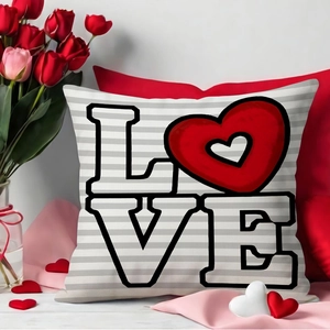Valentine's Day red heart and LOVE typography square pillow case with gray stripes