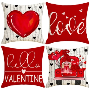 Valentine Linen Cushion Cover Heart Gnome Truck Pattern Decorative Square Pillowcase For Sofa Bed Living Room Home Decor
