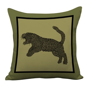 Nordic luxury olive green throw pillow cover featuring a black-lined leopard art pattern