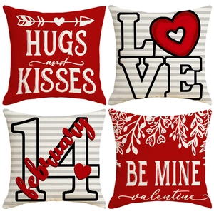 Valentine's Day Linen Throw Pillow Cover Red Love Heart Letter Print Square Cushion Case Home Decor For Sofa Bed Couch