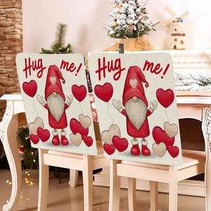 Detail of two-piece Gnome heart chair covers with Hug me text for Valentine's home decor