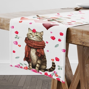 Runner da tavola di San Valentino con gatti acquerello e cuori rossi su tessuto bianco