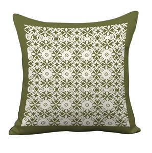 Vintage Nordic pillow case with olive green geometric floral pattern on white background