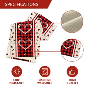 Red buffalo plaid Valentines Day table runner with white heart patterns and fabric details