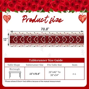 Valentine table runner 13x70.8 inches with red buffalo plaid and heart print size guide