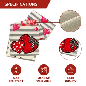 Linen Valentine's Day table runner with red hearts, love text and gnome patterns