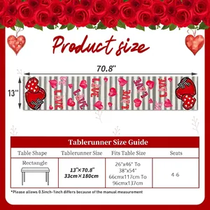 Valentine Table Runner 13x70.8 inch with gnome heart print and size guide for rectangle tables