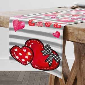 Valentine's Day striped table runner with red hearts, LOVE text and plaid bow decoration