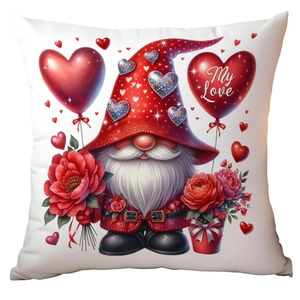 Detailed view of Valentine's gnome with red flowers and My Love heart balloon pillowcase