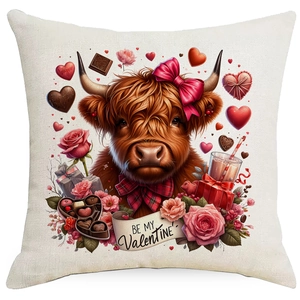 Detail of Valentine Highland cow pillow cover with floral and heart motifs on linen fabric