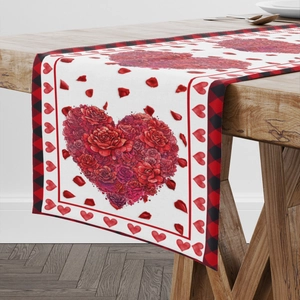 Runner da tavola San Valentino con cuori di rose rosse e bordo a quadri scozzesi