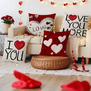 Linen Valentine's Day heart throw pillow covers set displayed on a cozy sofa with decor