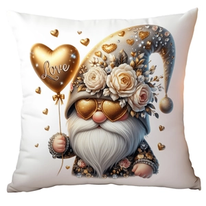 Detail of Valentine gnome pillow cover with white roses and golden love heart balloon