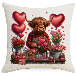 Detail of Highland cow and tulip print on textured cotton linen Valentine pillowcase