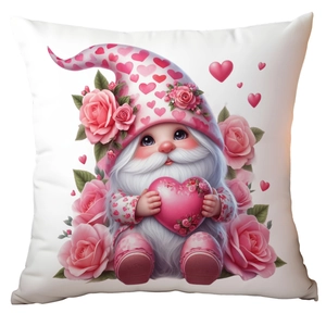 Detailed pattern of a cute Valentine gnome holding a heart with pink roses on a pillowcase