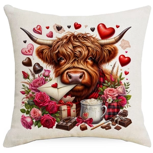 Detail of linen pillowcase with highland cow, red roses and heart motifs for Valentines Day