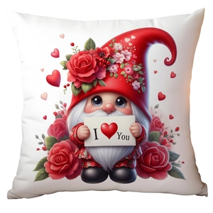 Detail of cartoon gnome print on white square Valentine's pillowcase with red roses