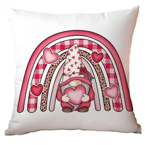 Detail of Valentines gnome pillowcase with heart and rainbow print on white fabric