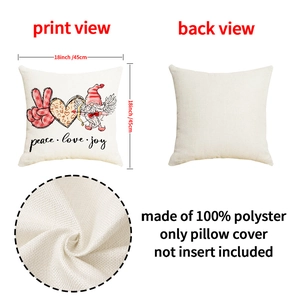Detail view of 18 inch polyester pillow cover with peace love joy heart patterns