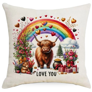 Detail of linen pillowcase with cute Scottish cow, colorful hearts and Love You text