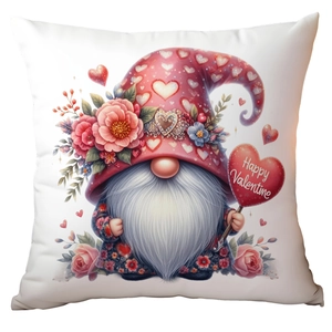 Detail of Valentine gnome pillow cover with Happy Valentine heart sign and floral accents