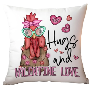 Macro detail of Valentine heart chicken print on a white decorative square pillowcase