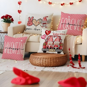 Valentine's Day pillow covers featuring hearts and gnomes displayed on a cozy sofa