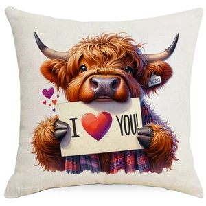 Linen Valentine's Day pillowcase featuring a cute highland cow with heart and scarf