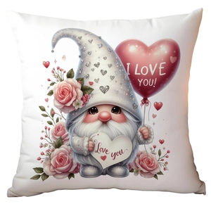 Detail of a white pillowcase featuring a Valentine gnome holding a heart balloon and flowers