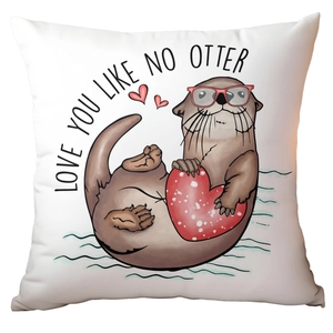 Detail of white throw pillow cover with cute otter print and Love You Like No Otter text