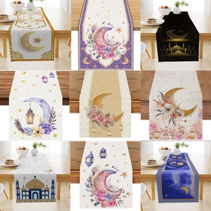 Runner da Tavolo Ramadan in Poliestere Con Stampa di Luna Stella Lanterna Architettura Tovaglia Decorativa per Casa Festa Cena