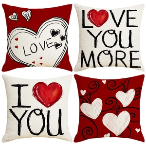 Valentine's Day Linen Throw Pillow Cover Romantic Heart Love Pattern Printed Decorative Cushion Case For Sofa Home Decor