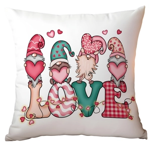 Detail of Valentine's Day gnome pillowcase with LOVE letters and festive patterns