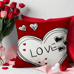 Red linen Valentine pillowcase with LOVE print and heart patterns for home decor